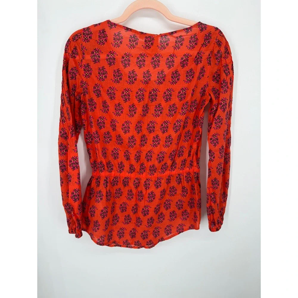 Tory Burch Blouse Women Size 0 Orange Floral Tassel Peplum Cotton Top